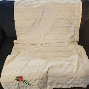 Minky Couture Throw Blanket 64"×36" White Aloha Embroidery